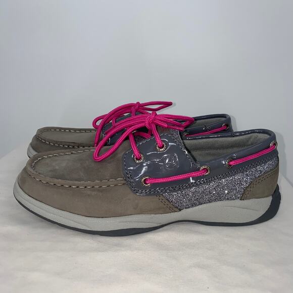 Sperry Girls Intrepid Leather Grey & Pink Loafers Size 2 - Picture 3 of 9